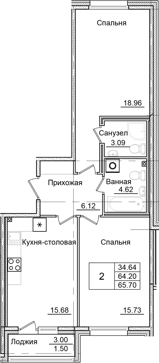 2-комнатная квартира 65.7 м², 1/9 эт., ЖК «Квартал Заречье»